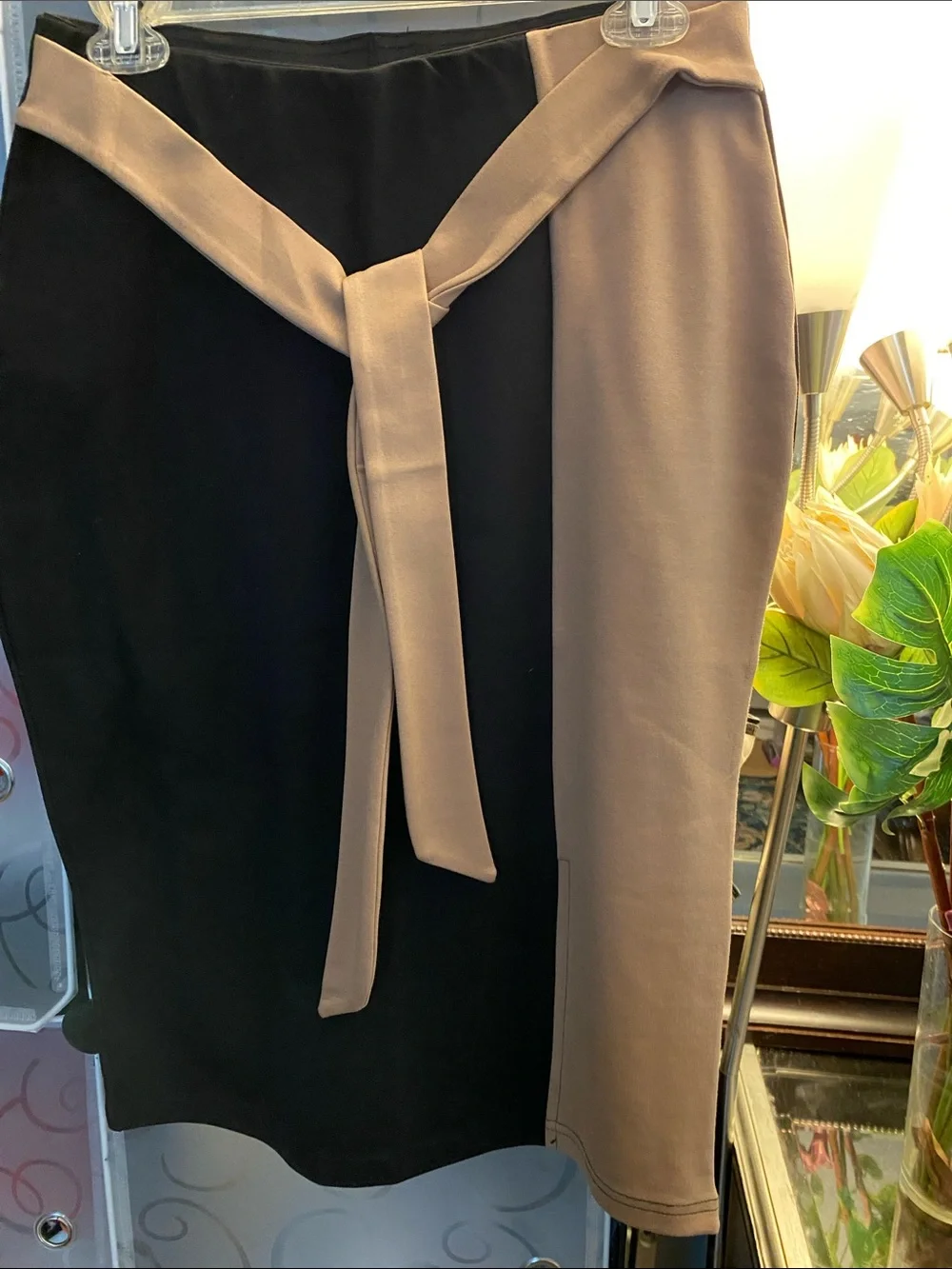 Two-Tone Black and Taupe Pencil Skirt with Tie Waist